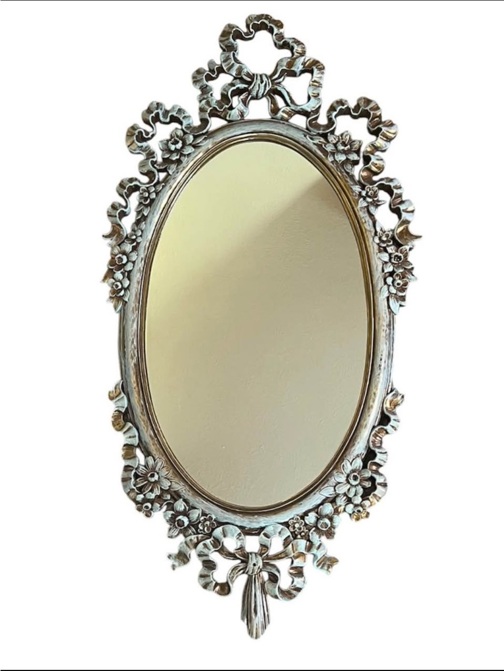 Vintage Syroco Gold Blue Painted Baroque Style Floral Ribbon Oval Wall Mirror